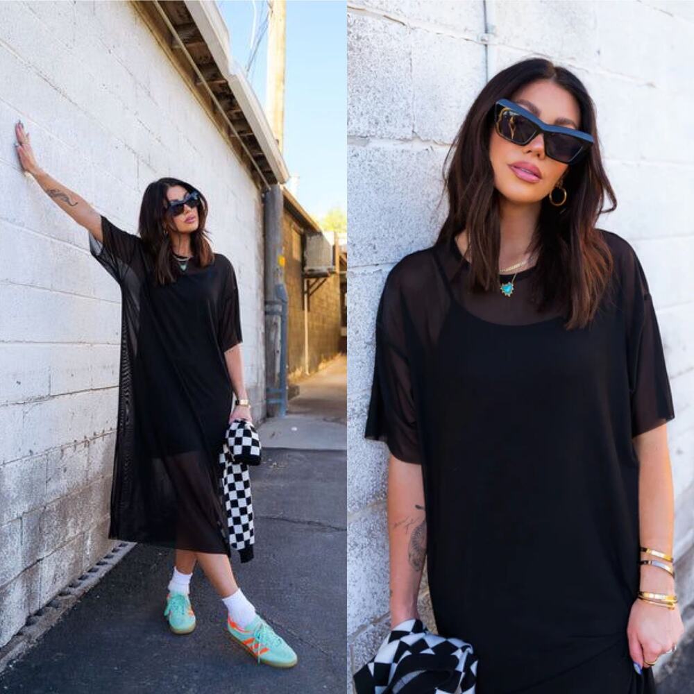 NWT Dressed in LALA Karma Oversized Mesh Dress + Slip Black Large - Picture 3 of 13